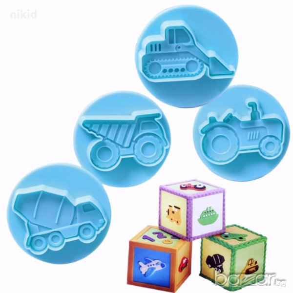 Багер Самосвал Трактор Булдозер 4 бр превозни форми с бутало резци за тесто фондан бисквитки сладки, снимка 1