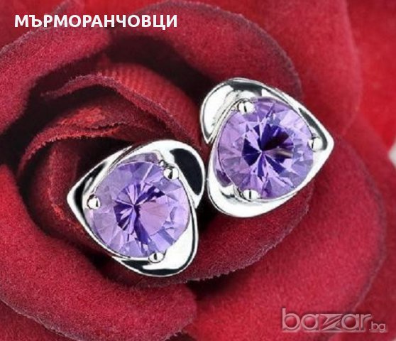 Сребърни обеци-сърца с лилави цирконий