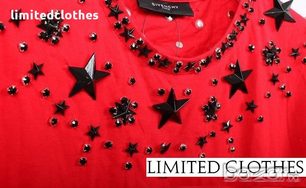 GIVENCHY RED STARS AND CRYSTAL BEADS Мъжка Тениска с Кристали и Звезди size XS, снимка 4 - Тениски - 8652731