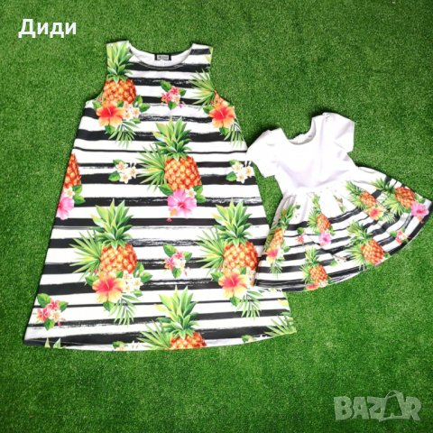 Еднакви рокли за майка и дете с ананаси и черно бяло рае, лятна рокля,рожден ден, цветна, шарена, снимка 1 - Бебешки рокли - 25767108