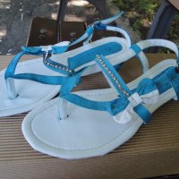Нови кокетни синьо-бели кожени дамски сандали / летни обувки "Free Sun", естествена кожа, чехли, снимка 5 - Сандали - 18759237