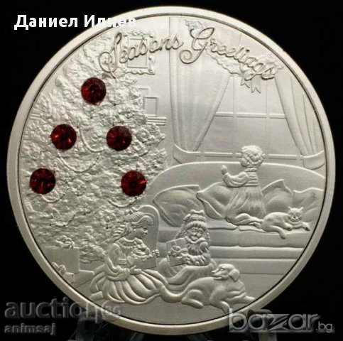 ДЯДО КОЛЕДА - посребрена монета плакет с червени кристали, снимка 1