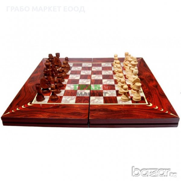 Комплект шах и табла в красива дървена кутия, снимка 1