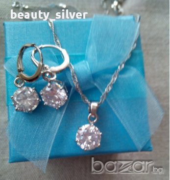 Сребърен стерлинги комплект обеци и колие малък Диамант, код 0527, снимка 2 - Бижутерийни комплекти - 11206653