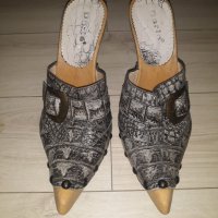 Елегантни дамски кожени чехли с ток марка Daris - имитация на сабо , с тънък железен ток, снимка 3 - Дамски обувки на ток - 23793783