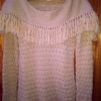 Бежова блуза- плетиво,с платка и ресни., снимка 2 - Блузи с дълъг ръкав и пуловери - 23560071