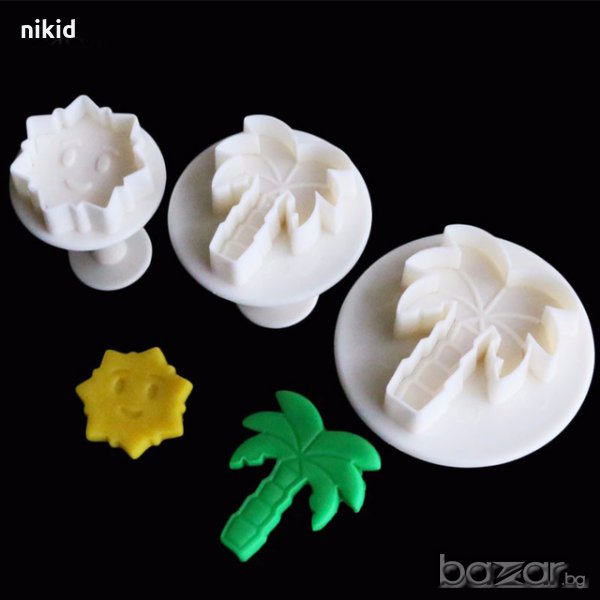 3 бр Кокосова палма палми слънце пластмасови резци с бутало за сладки фондан тесто резец форма, снимка 1