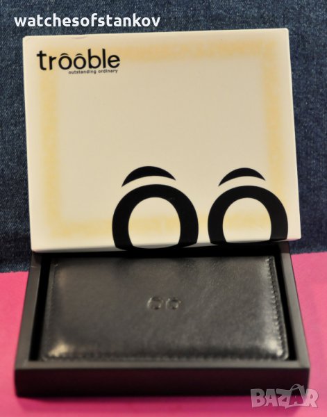 "TROOBLE" Slim Wallet Genuine High Quality Black Leather Card Case, снимка 1