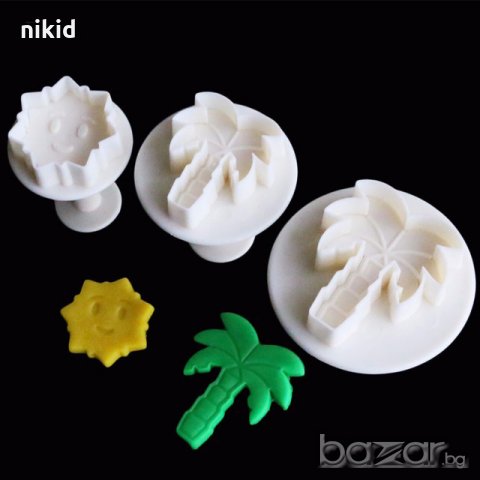 3 бр Кокосова палма палми слънце пластмасови резци с бутало за сладки фондан тесто резец форма