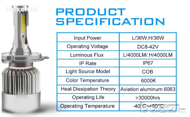   Качествени LED Диодни Крушки D2S,H1,H3,H4,H7,H8,HB3-4 -72W 8000LM, снимка 4 - Аксесоари и консумативи - 15027394