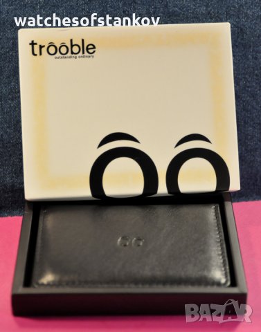 "TROOBLE" Slim Wallet Genuine High Quality Black Leather Card Case