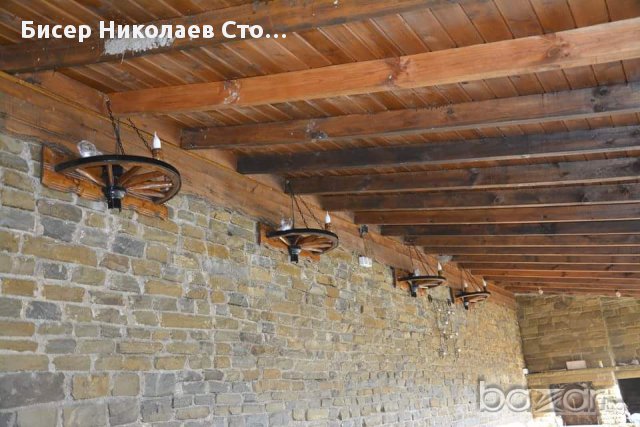 Етно стенна лампа-аплик от колело на каруца с ръчно изработени дървени чашки!, снимка 7 - Лампи за стена - 9066252