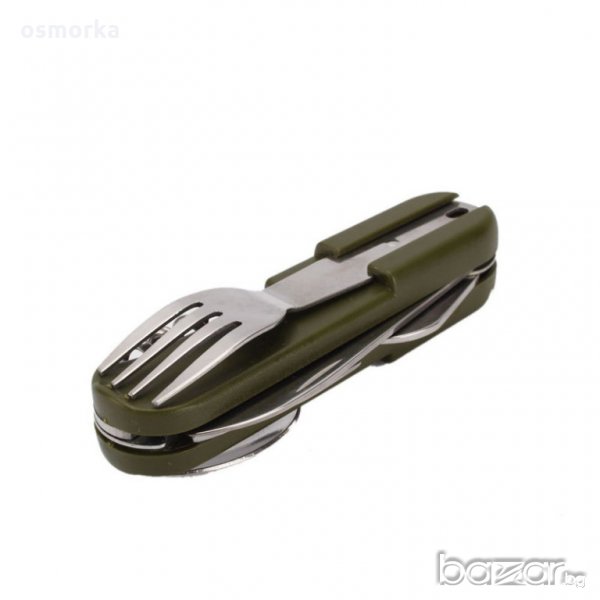 Нов джобен комплект за излет пикник нож вилица лъжица калъф милитари цвят зелен, снимка 1