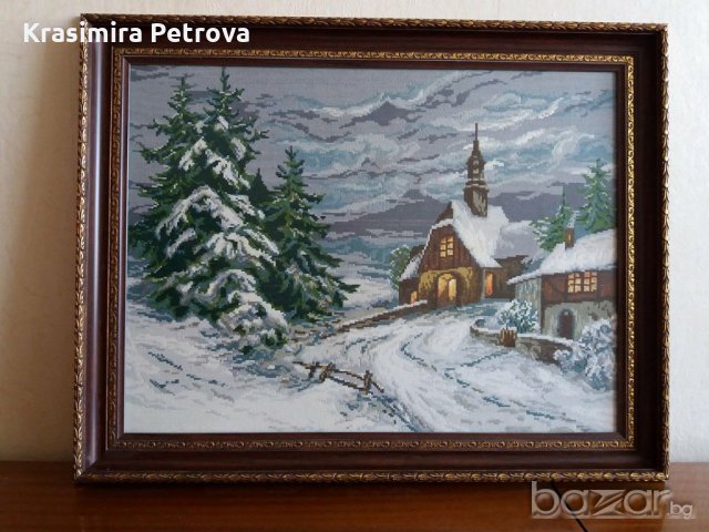Гоблен "Зима с параклис" с рамка, снимка 1 - Гоблени - 21037704