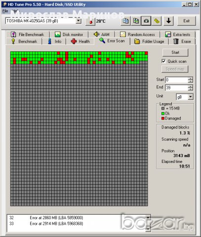 2.3.хард диск за лаптоп TOSHIBA 40 GB–АTA-IDE 2.5”.Повреден,има лоши сектори.Може да се ползва платк, снимка 2 - Твърди дискове - 17572082
