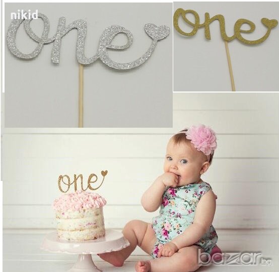 One ❤  1 година бебешки чрд  Рожден ден мек брокатен топер сребрист златист цвят декор за торта , снимка 1