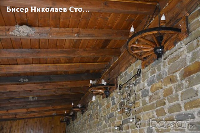 Етно стенна лампа-аплик от колело на каруца с ръчно изработени дървени чашки!, снимка 6 - Лампи за стена - 9066252