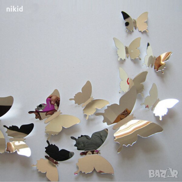 3D 12 бр pvc огледални сребристи самозалепващи пеперуди декорация за стена и мебел, снимка 1