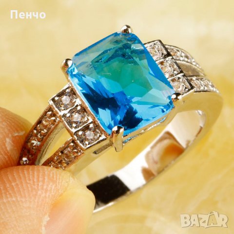 Посребрен пръстен със син камък, фини кралски бижута със цирконий, бижу унисекс моден младежки, снимка 2 - Пръстени - 21871788