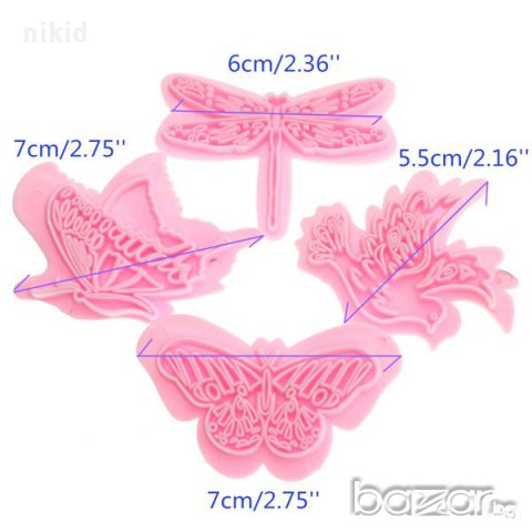 4 бр. форми насекоми пеперуда птичка за украса фондан торта резци 3д формички пластмаса, снимка 3 - Форми - 13375273