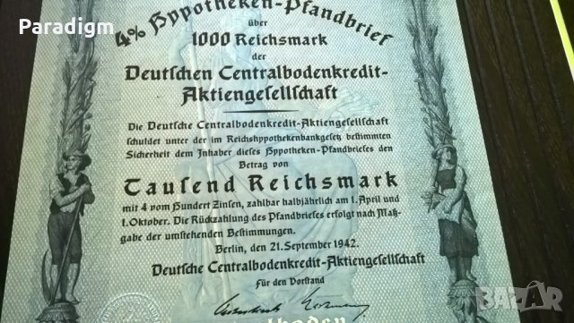 Облигация | 1000 райх марки | Германска централна кредитна корпорация | 1942г., снимка 3 - Нумизматика и бонистика - 25603614