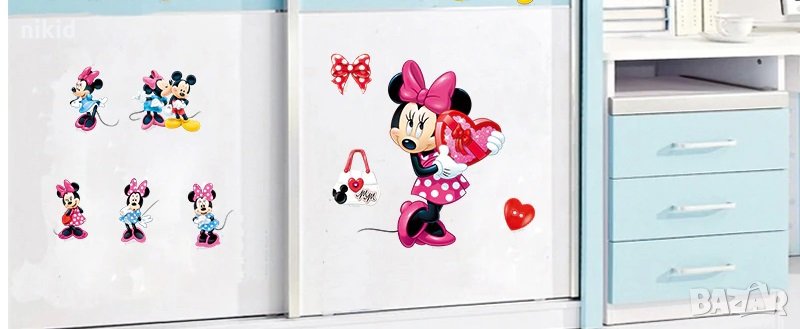 Малък лист Мини Маус сърце и Мики самозалепващ стикер лепенка за стена и мебел, снимка 1