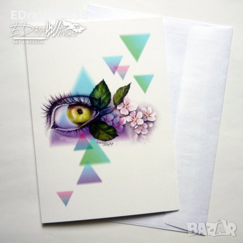 Картичка "Ябълка" / око, пролет, рисунка, принт