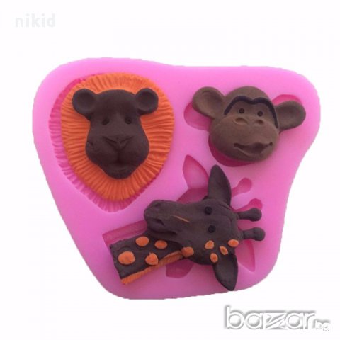  3 зоо животни глава лъв маймуна жираф силиконов молд форма за украса декор торта фондан шоколад , снимка 2 - Форми - 16573956