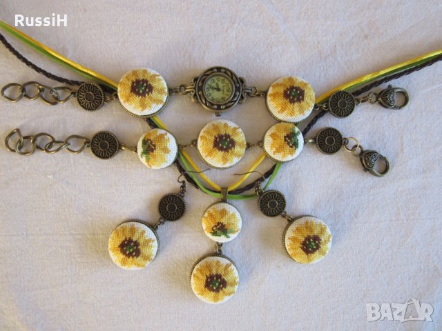 Ръчно бродирани бижута с цветя слънчогледи, снимка 2 - Бижутерийни комплекти - 22129530