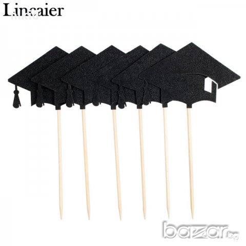 Дипломиране завършване 5 бр абитуриентска шапка тога топер топери клечки за мъфини украса декор, снимка 2 - Други - 21125399