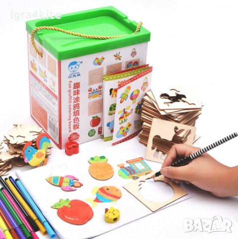 Детски комплект за рисуване с много формички от дърво + флумастри с книжка, снимка 2 - Рисуване и оцветяване - 26155798
