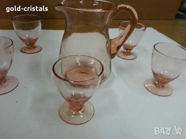 стари стъклени чаши и кана за ракия розово стъкло, снимка 10 - Антикварни и старинни предмети - 25134680