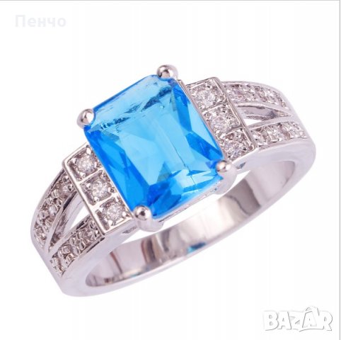 Посребрен пръстен със син камък, фини кралски бижута със цирконий, бижу унисекс моден младежки, снимка 6 - Пръстени - 21871788