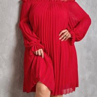 Красива елегантна разкроена рокля/туника с отворени рамена тип солей в червено, снимка 1 - Рокли - 39675299