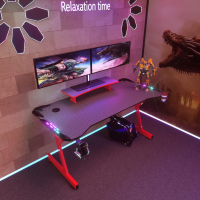 Геймърско бюро LED, HLONONE HLGD-RDYSTA, 120 x 60 x 74 cm, Черно-Червено, снимка 2 - Бюра - 44879856