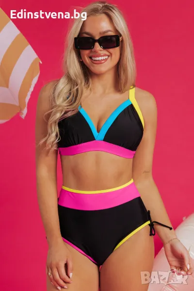 Дамски бански от две части с неонов 'color block' дизайн, снимка 1