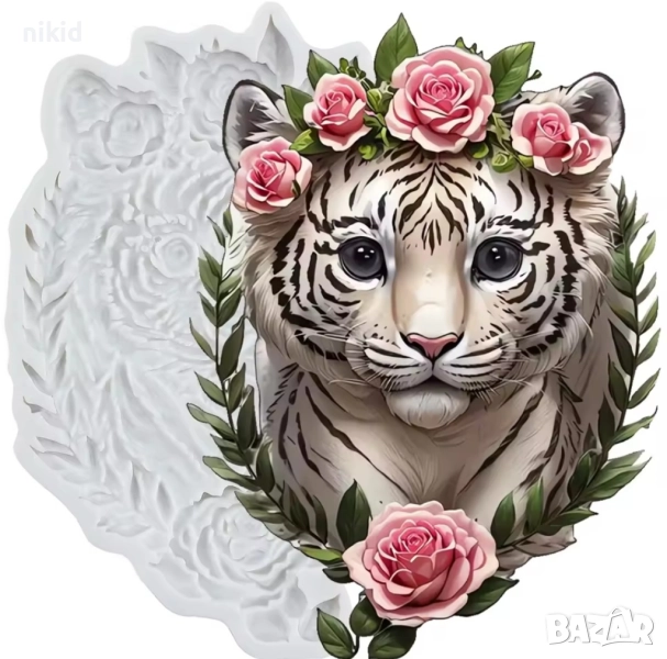 Тигър Тигърче с рози силиконов молд форма фондан декор украса, снимка 1