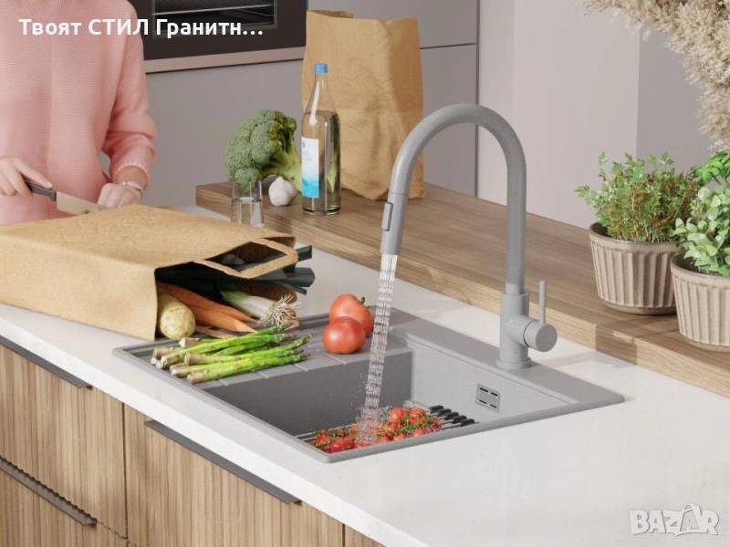 Сива гранитна кухненска мивка Сидни 620-45 Ergo Multilevel 620х500, снимка 1