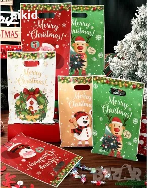 10 бр микс Merry Christmas Коледни Дядо Коледа венец елен снежен човек торбички за сладки подарък, снимка 1