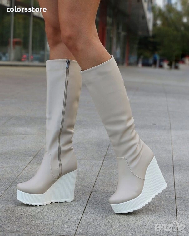 Ботуши на платформа - бежова кожа с бяло ходило - BNP200 , снимка 1