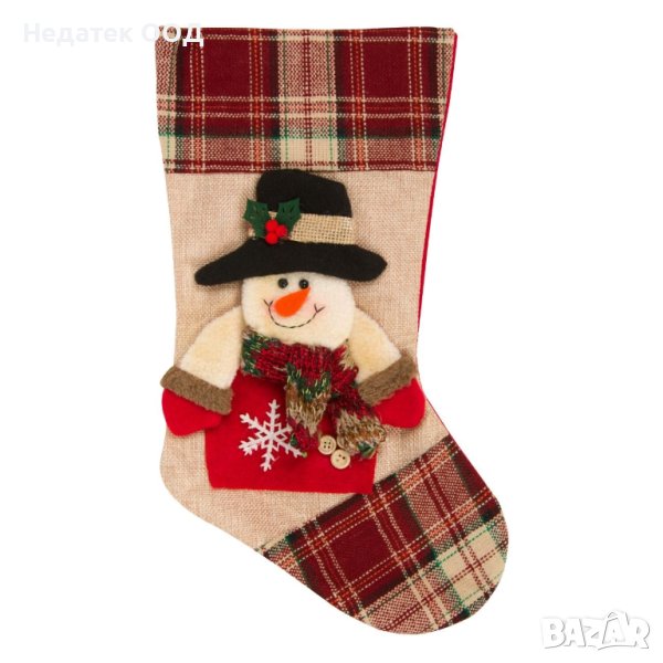 Коледен чорап, Снежко с черна шапка,червено каре 40см, снимка 1