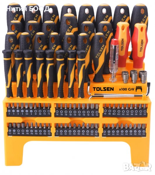 Tolsen Комплект отвертки и битове GriPro - 100 части, с органайзер за стена., снимка 1