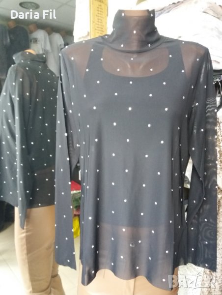 УНИКАЛНА черна шифонена блуза с полуполо яка - цялата обсипана със сребристи камъчета , снимка 1