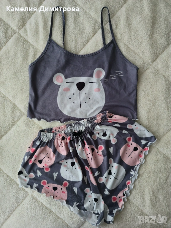 Дамски комплект за вкъщи – сив топ с мече + къси гащички, снимка 1