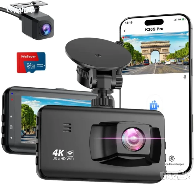 НОВА K20S Pro предна и задна даш камера, 4K с 64GB карта, 4K+1080P WiFi, 2-канална камера с 3" IPS, снимка 1
