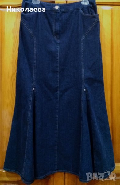 Дълга пола от тъмен деним с разкрояване,L/XL, снимка 1