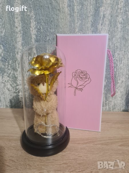  Златна роза с мече в светеща стъкленица!, снимка 1