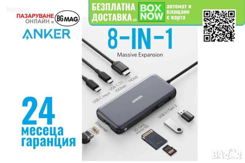 Anker PowerExpand 8-in-1 USB-C PD Ethernet Hub,хъб, снимка 1