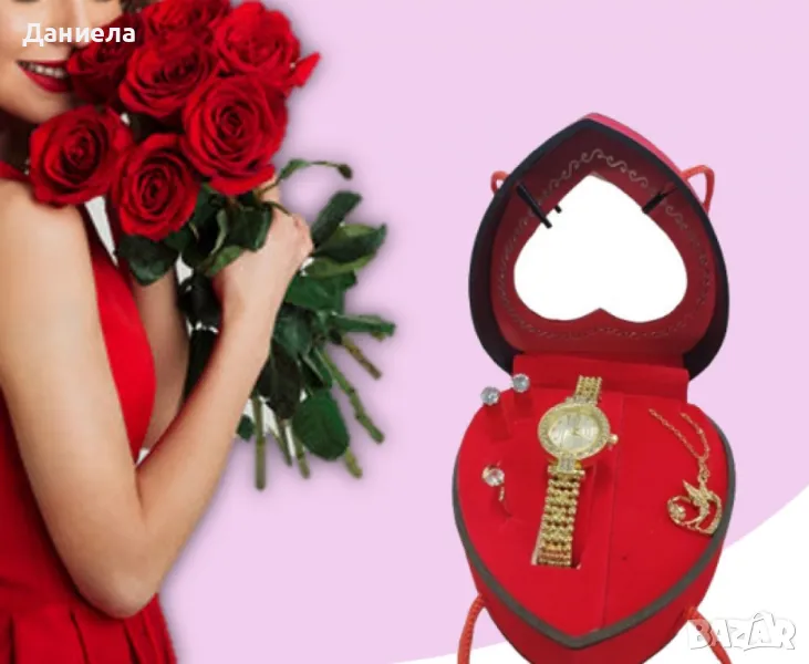 Луксозен дамски комплект - Бижута и елегантен часовник в сърцевидна кутия, снимка 1
