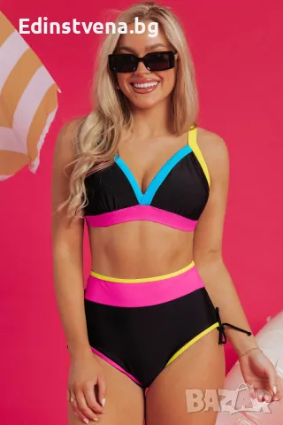 Дамски бански от две части с неонов 'color block' дизайн, снимка 1